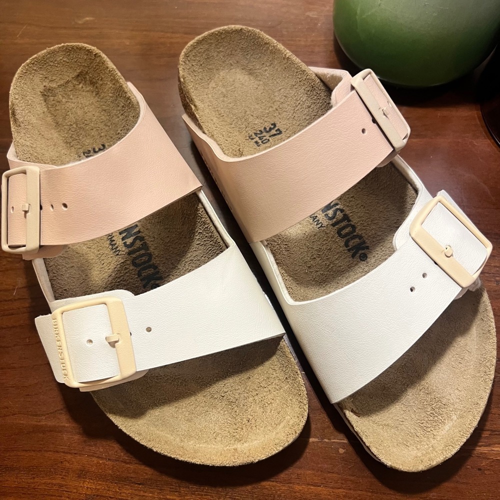 Birkenstock Arizona Two Strap Sandals Pink White Colorblock Size 37 Womens 6-6.5 - Picture 2 of 13
